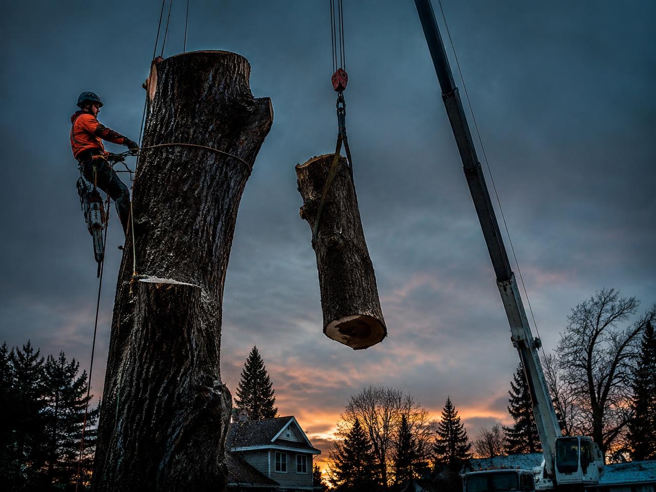 Crane-assisted tree removal in a tight residential yard