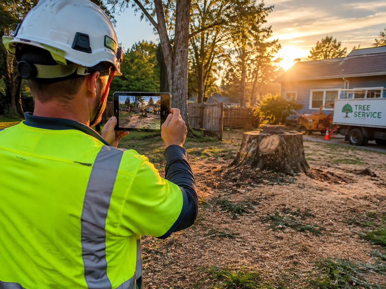 Crew documenting completed tree work on a phone