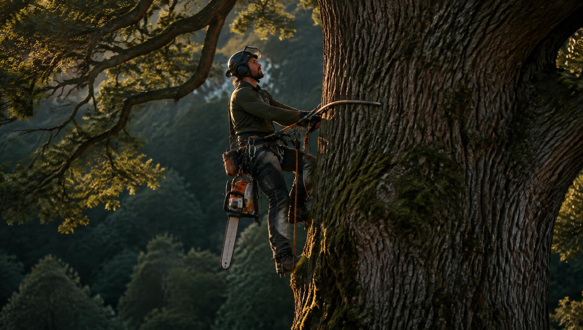 Certified arborist climbing a mature tree
